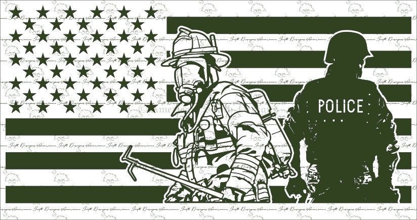 American Flag with Firefighter and Police Officer