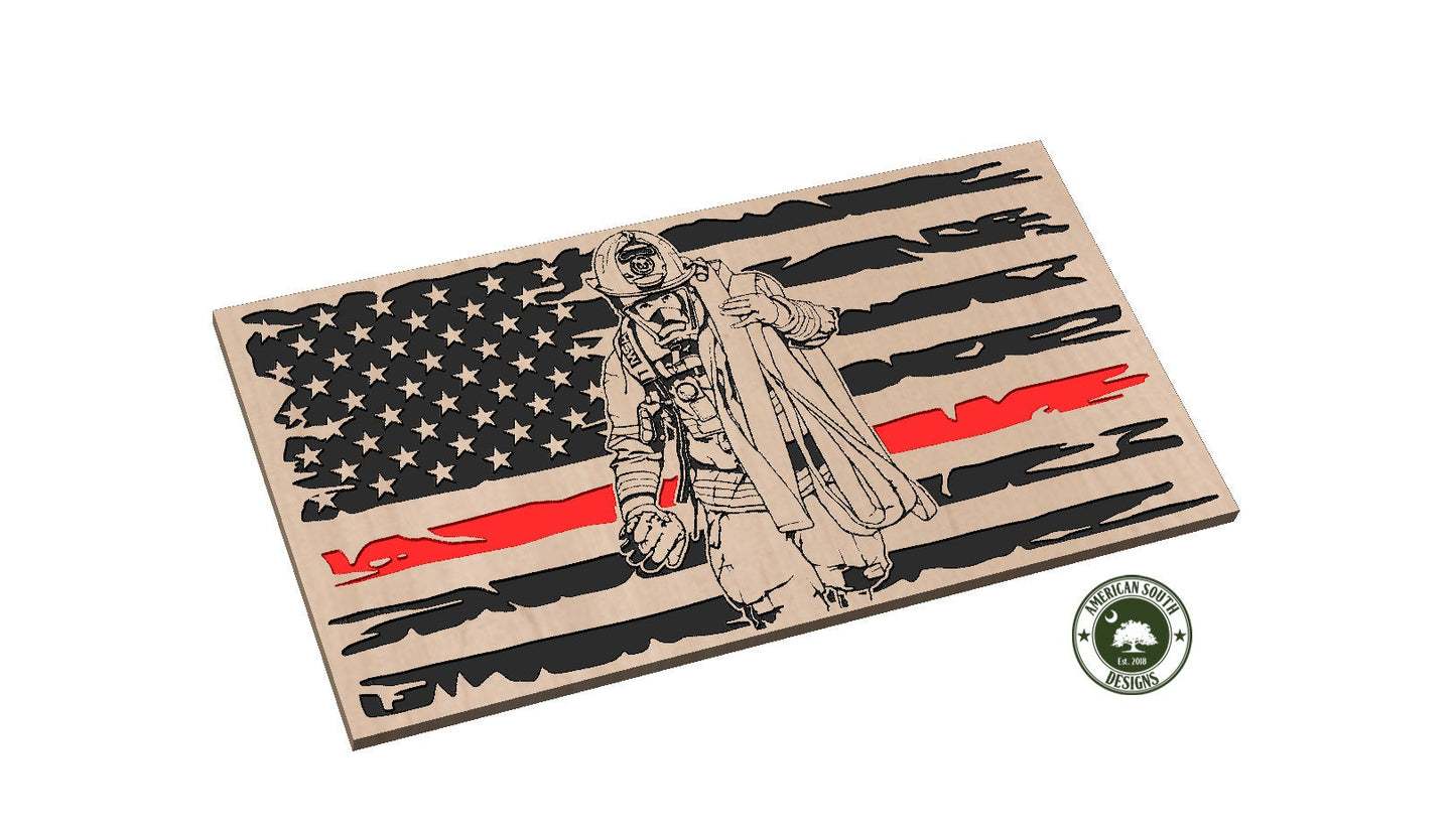 Distressed Flag with Firefighter Carrying Hose